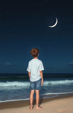 A teenage boy standing at the edge of a beach, gazing at the stars in a clear night sky