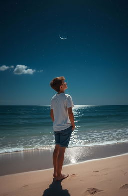 A teenage boy standing at the edge of a beach, gazing at the stars in a clear night sky