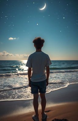 A teenage boy standing at the edge of a beach, gazing at the stars in a clear night sky