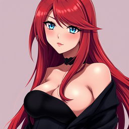 A sexy anime woman with long, flowing red hair that cascades elegantly around her shoulders