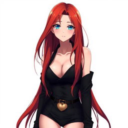 A sexy anime woman with long, flowing red hair that cascades elegantly around her shoulders