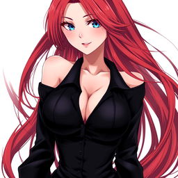 A sexy anime woman with long, flowing red hair that cascades elegantly around her shoulders