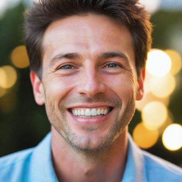 A vibrant image of a man, his face glowing with happiness. His eyes are sparkling, and his smiled is wide, showing the essence of joy and contentment.