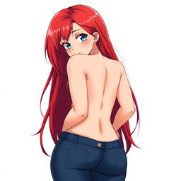 A curvy anime woman with long, vibrant red hair that flows elegantly down her back