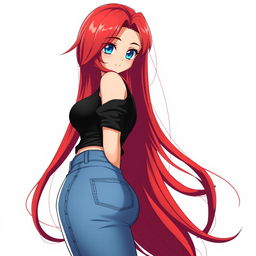 A curvy anime woman with long, vibrant red hair that flows elegantly down her back