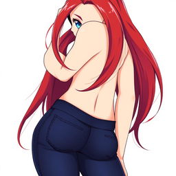 A curvy anime woman with long, vibrant red hair that flows elegantly down her back