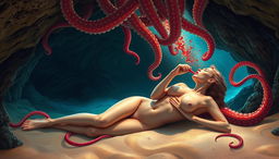 A captivating and surreal illustration featuring a stunning naked woman, artistically captured in an underwater cave