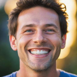 A vibrant image of a man, his face glowing with happiness. His eyes are sparkling, and his smiled is wide, showing the essence of joy and contentment.