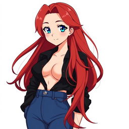 A curvy anime woman with long, flowing red hair that cascades around her shoulders