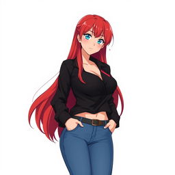 A curvy anime woman with long, flowing red hair that cascades around her shoulders