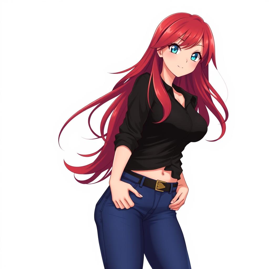 A curvy anime woman with long, flowing red hair that cascades around her shoulders