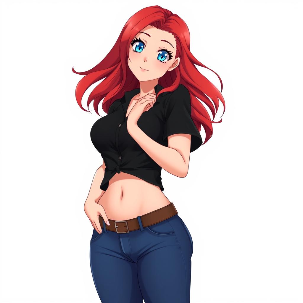 A curvy anime woman with long, flowing red hair that cascades around her shoulders