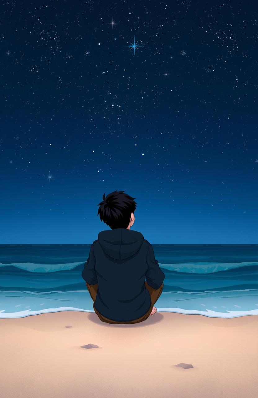 A teenage boy sitting on the beach, gazing at the stars