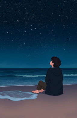 A teenage boy sitting on the beach, gazing at the stars