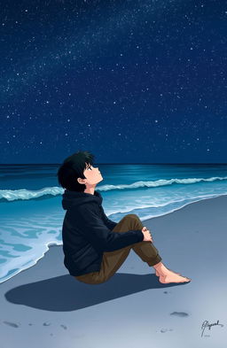 A teenage boy sitting on the beach, gazing at the stars