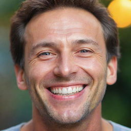 A vibrant image of a man, his face glowing with happiness. His eyes are sparkling, and his smiled is wide, showing the essence of joy and contentment.