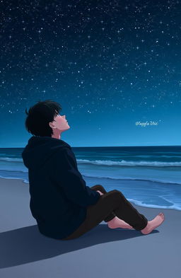 A teenage boy sitting on the beach, gazing at the stars