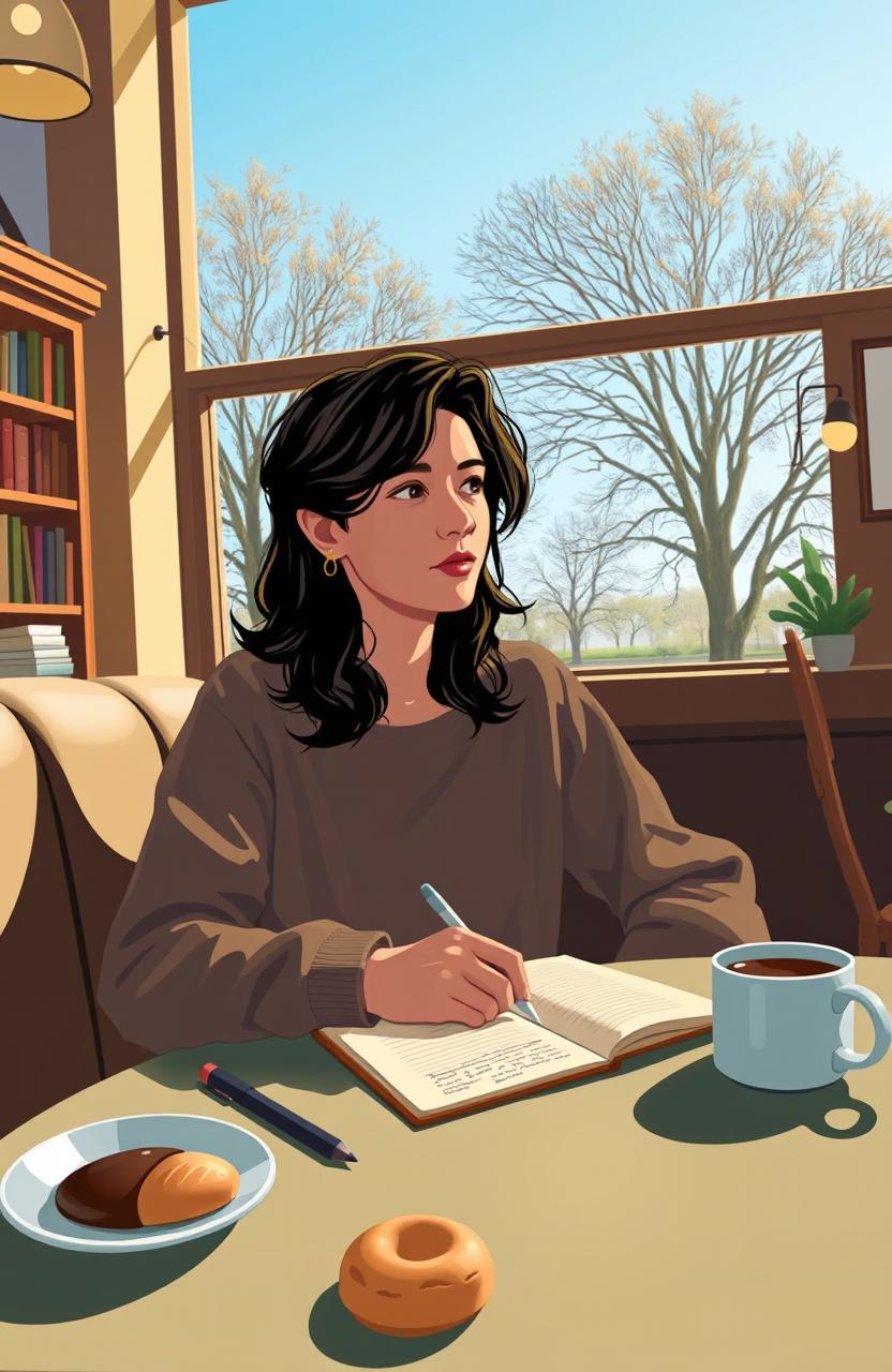 A self-help scene depicting a person sitting at a cozy café with a notebook, jotting down ideas and strategies to rekindle a past relationship