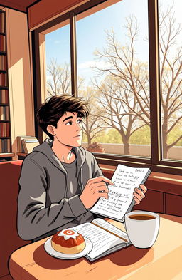 A self-help scene depicting a person sitting at a cozy café with a notebook, jotting down ideas and strategies to rekindle a past relationship