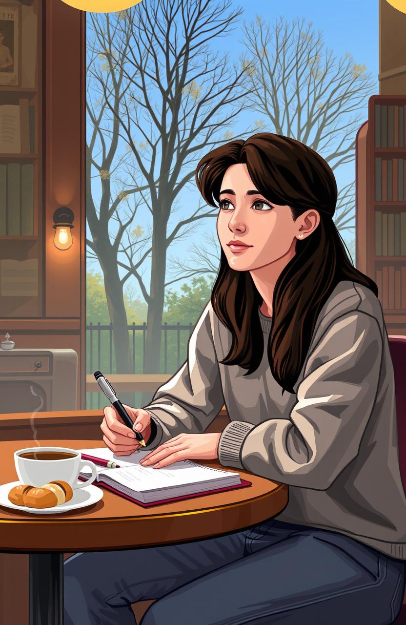 A self-help scene depicting a person sitting at a cozy café with a notebook, jotting down ideas and strategies to rekindle a past relationship