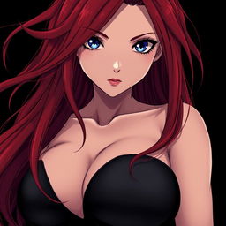 A curvy, moody anime woman with long, flowing red hair framing her face dramatically