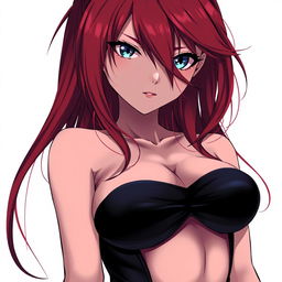 A curvy, moody anime woman with long, flowing red hair framing her face dramatically