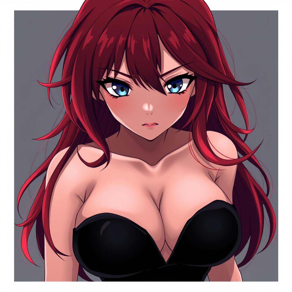 A curvy, moody anime woman with long, flowing red hair framing her face dramatically