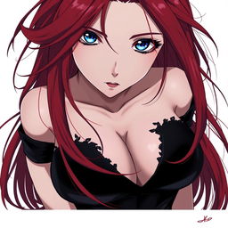 A curvy, moody anime woman with long, flowing red hair framing her face dramatically