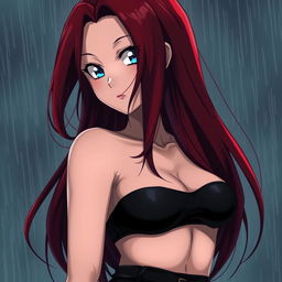 A curvy, moody anime woman with long, flowing red hair that frames her face dramatically