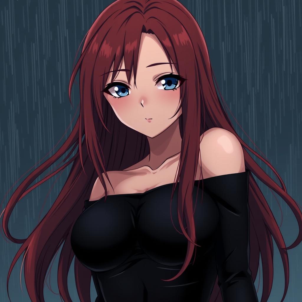 A curvy, moody anime woman with long, flowing red hair that frames her face dramatically