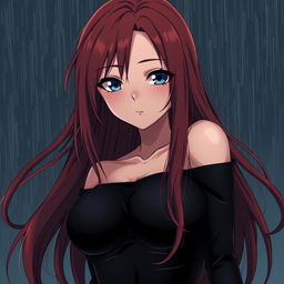 A curvy, moody anime woman with long, flowing red hair that frames her face dramatically