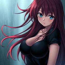 A curvy, moody anime woman with long, flowing red hair that frames her face dramatically