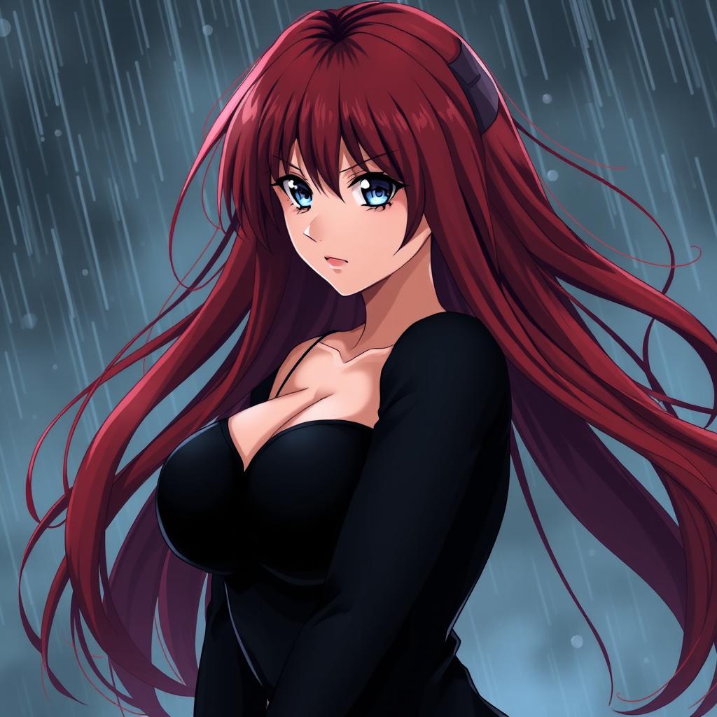 A curvy, moody anime woman with long, flowing red hair that frames her face dramatically