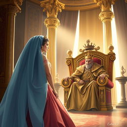 A captivating illustration depicting Queen Esther as she approaches King Ahasuerus in the biblical narrative from Esther 5:1-2