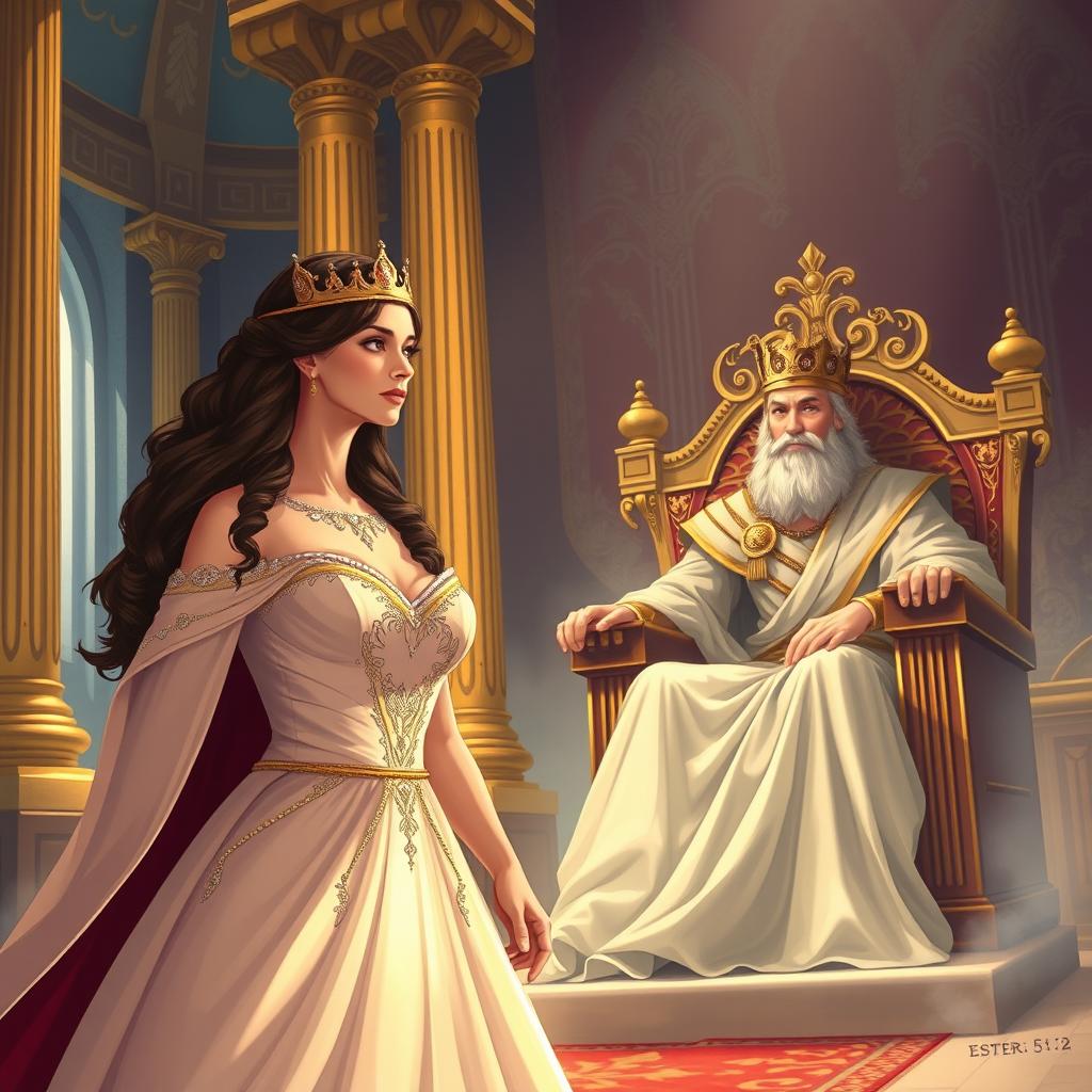 A captivating illustration depicting Queen Esther as she approaches King Ahasuerus in the biblical narrative from Esther 5:1-2