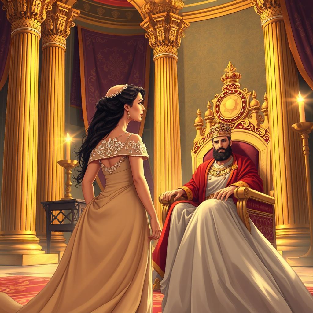 A captivating illustration depicting Queen Esther as she approaches King Ahasuerus in the biblical narrative from Esther 5:1-2