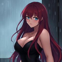 A curvy, moody anime woman with long, vibrant red hair that flows dramatically