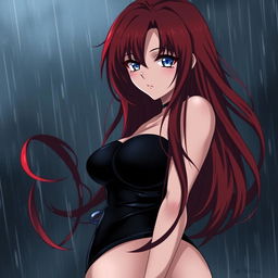 A curvy, moody anime woman with long, vibrant red hair that flows dramatically