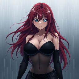 A curvy, moody anime woman with long, vibrant red hair that flows dramatically