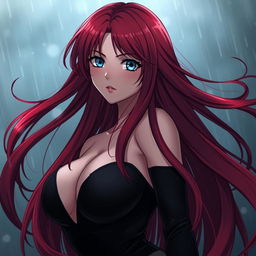 A curvy, moody anime woman with long, vibrant red hair that flows dramatically