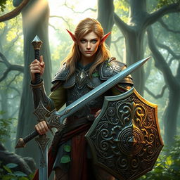 An elven warrior in a lush, enchanted forest, wearing intricately designed armor with leaves and vines integrated into the design