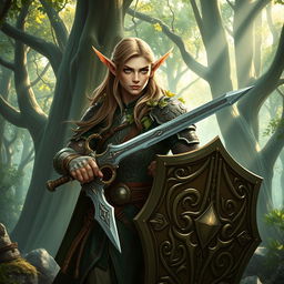 An elven warrior in a lush, enchanted forest, wearing intricately designed armor with leaves and vines integrated into the design