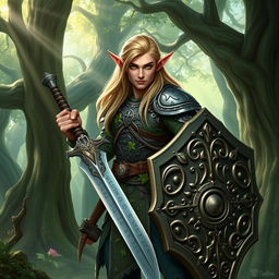 An elven warrior in a lush, enchanted forest, wearing intricately designed armor with leaves and vines integrated into the design