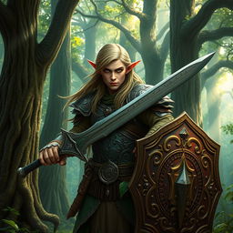 An elven warrior in a lush, enchanted forest, wearing intricately designed armor with leaves and vines integrated into the design