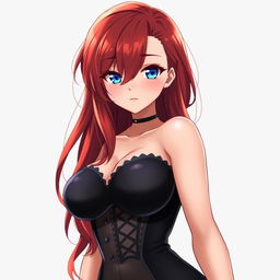 A curvy anime woman with long, flowing red hair that cascades down her shoulders