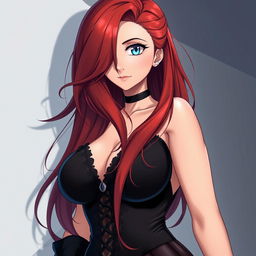 A curvy anime woman with long, flowing red hair that cascades down her shoulders