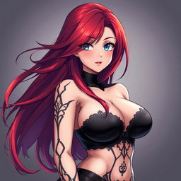 A curvy anime woman with long, flowing red hair that cascades down her shoulders