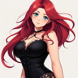 A curvy anime woman with long, flowing red hair that cascades down her shoulders