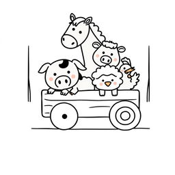 A whimsical children's illustration featuring simplified farm animals: a friendly horse, a cute pig, a gentle cow, a fluffy sheep, and a cheerful chicken, all designed with simple, round shapes, circular eyes, and small snouts