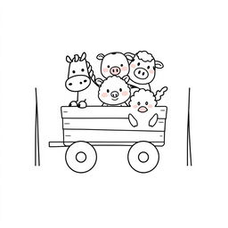 A whimsical children's illustration featuring simplified farm animals: a friendly horse, a cute pig, a gentle cow, a fluffy sheep, and a cheerful chicken, all designed with simple, round shapes, circular eyes, and small snouts